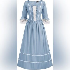 Vintage-Inspired Light Blue Cotton Dress with White Trim